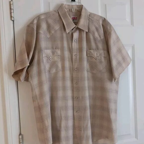 Vintage Tem Tex Pearl Snap Shirt Men's XL Short Sleeve Western Cowboy USA Beige - Picture 2 of 5